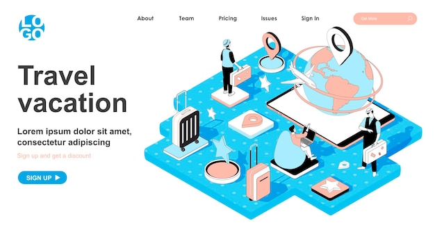 Concetto isometrico di vacanza di viaggio nella progettazione 3d per la pagina di destinazione