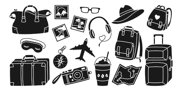 旅行休暇旅行印刷サインセットシンボル休日飛行機スーツケースアイコンキットメモリベクトル