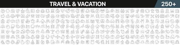 Travel and vacation linear icons collection Big set of more 250 thin line icons in black Travel and vacation black icons Vector illustration