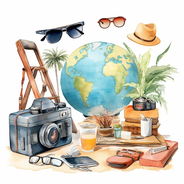 Travel vacation set journey illustration camera vector suitcase icon isolated bag summer symbol