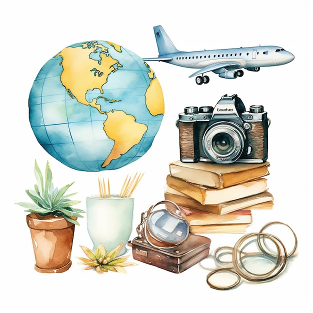 Vettore viaggio vacanza set viaggio illustrazione fotocamera vettore icona valigia borsa isolata simbolo estivo