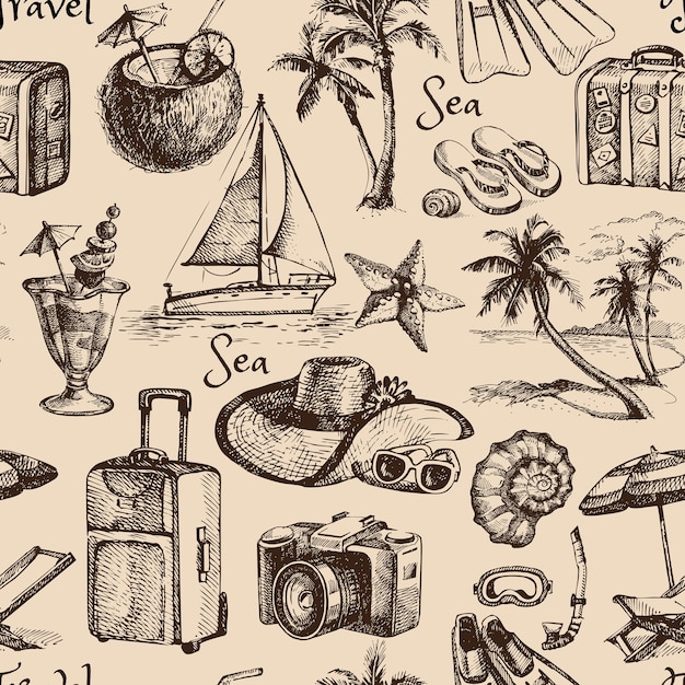 Travel and vacation vintage seamless pattern Hand drawn illustration