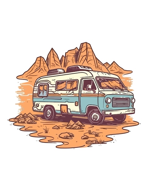 Travel van in front of a desert Handdrawn illustration travel van Handdrawn illustration design ts