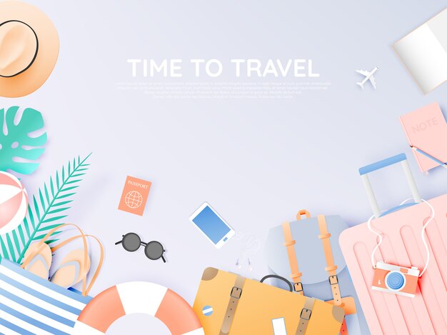 Vector travel various items in paper art style 