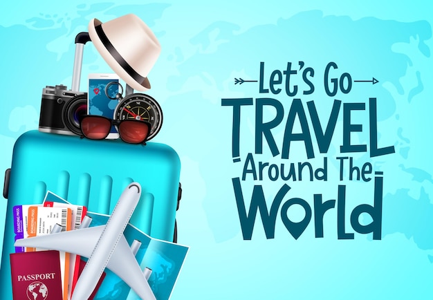 Travel vector background design. let's go travel around the world text in blue empty space.