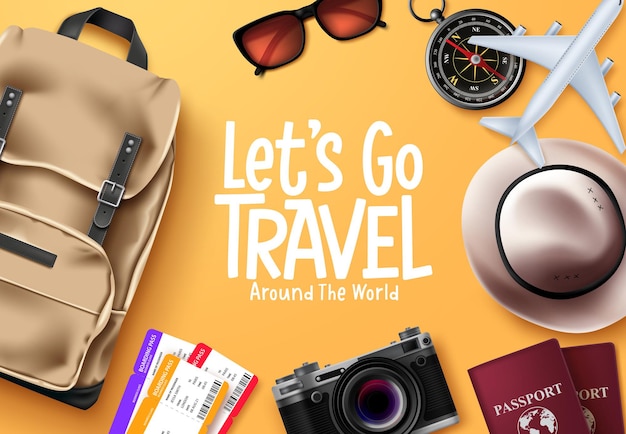 Travel vector background design. Let's go travel around the world text in yellow space.