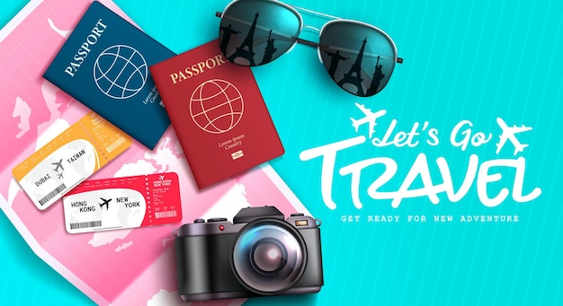 Travel vector background design Let's go travel text with passport ticket and map elements