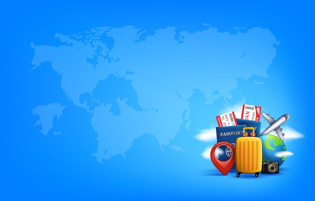travel vector banner template with luggage and airplane on blue background with world map