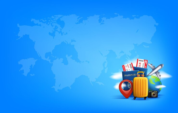 Vector travel vector banner template with luggage and airplane on blue background with world map