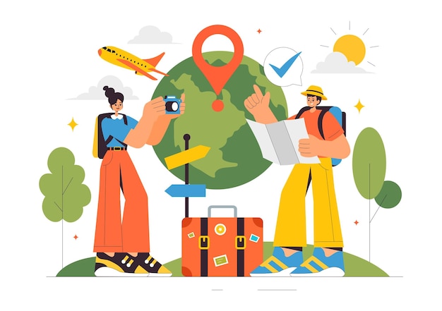 travel vector illustration featuring backpacking luggage maps and photo cameras for adventure tourism and exploration in a flat background