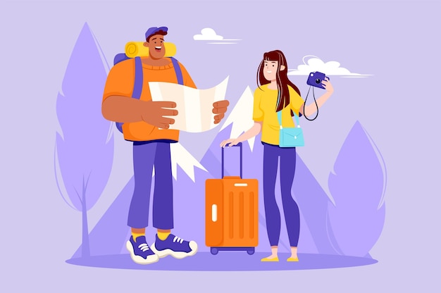 Vector travel violet concept with people scene in the flat cartoon design a young couple with suitcases