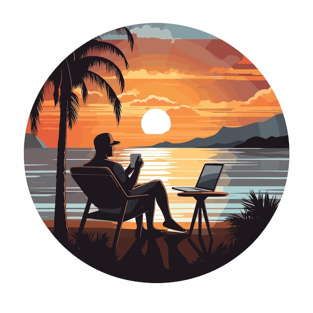 Vector travel visa digital nomad remote job teleworking freelancer work on the beach with sunset view