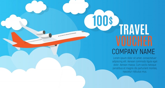 Vector travel voucher 100 dollar template background with airplane.