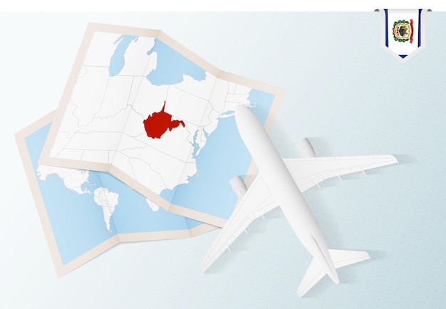 ウェストバージニア州への旅行、ウェストバージニア州の地図と旗が付いた平面図の飛行機。