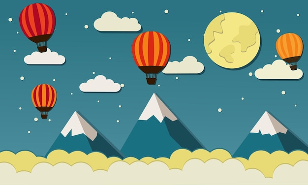 Travel with balloon above the mountain in the sky in paper art vector illustration
