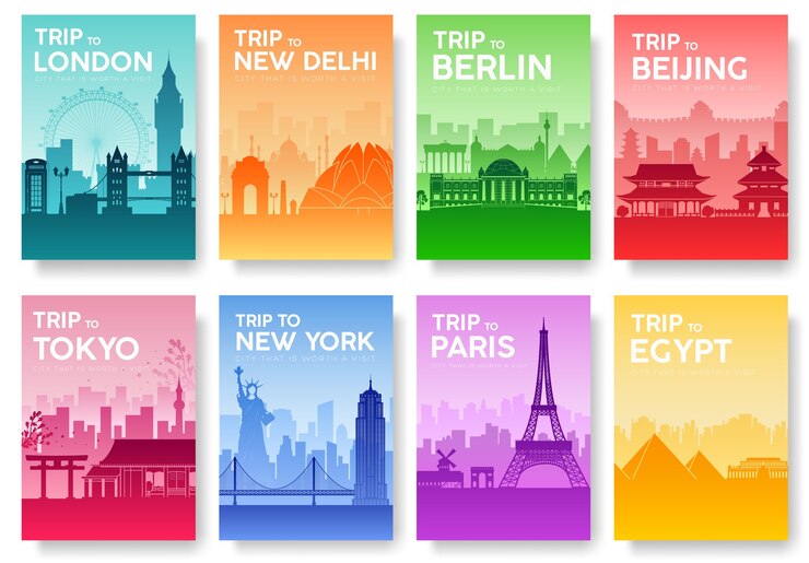 Vector タイポグラフィセット付きの世界旅行パンフレット