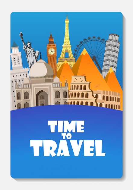Vector travel to world. road trip. big set of famous landmarks of the world. time to travel, tourism, summer holiday. different types of journey