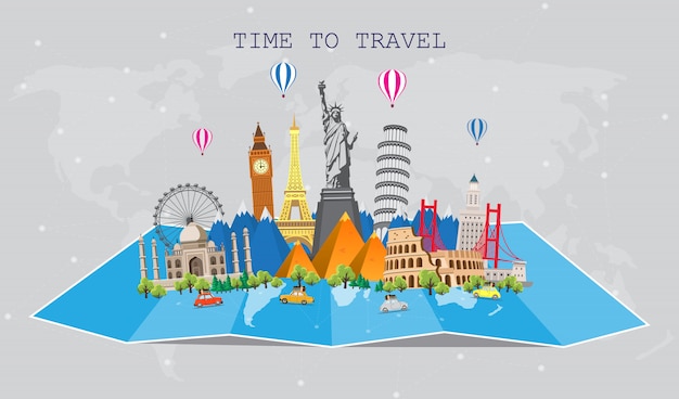 Vector travel to world. road trip. big set of famous landmarks of the world. time to travel, tourism, summer holiday.