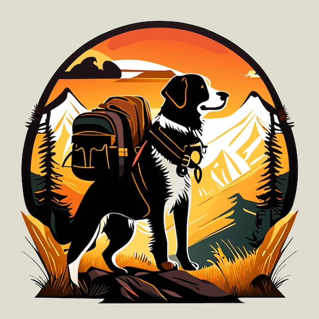 Travel the world slogan with dog and backpack illustration