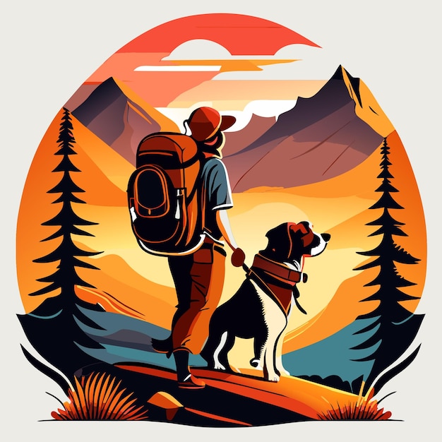 Vector travel the world slogan with dog and backpack illustration