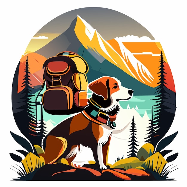 Vector travel the world slogan with dog and backpack illustration