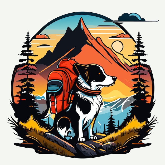 Vector travel the world slogan with dog and backpack illustration