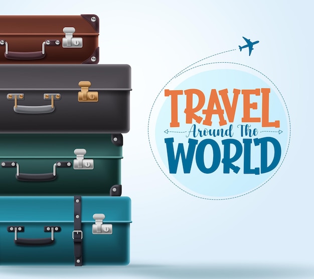 Travel world text vector template design. Travelers luggage, suitcase and briefcase elements.