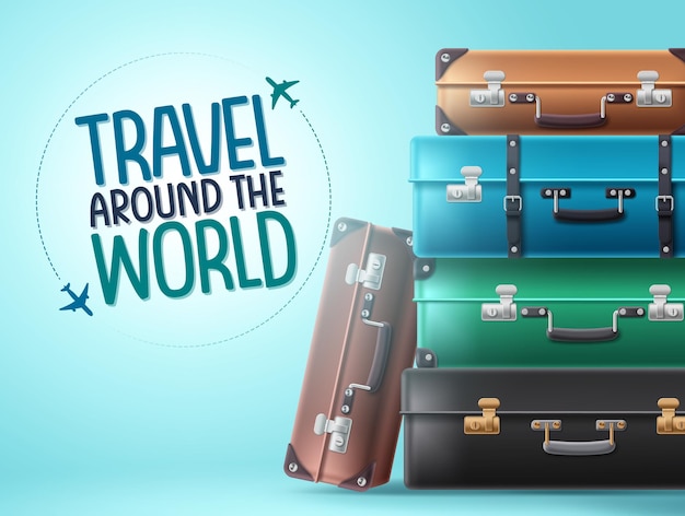 世界のベクトルの背景デザインを旅行します。旅行者のスーツケース、ブリーフケース、荷物のエレメント。
