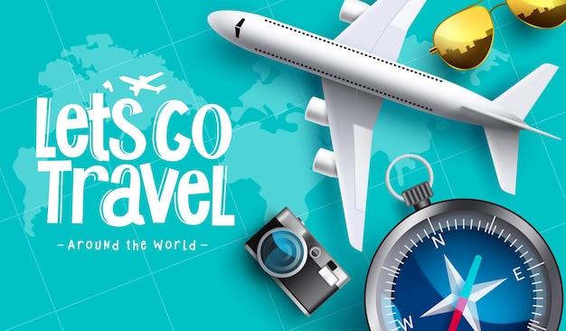 Travel worldwide vector background design. Let's go travel text in blue map with airplane, compass.