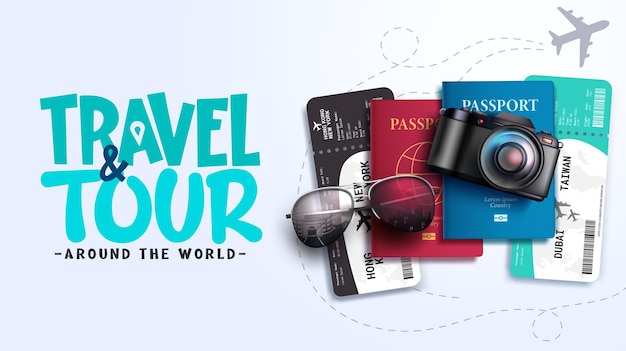 Путешествуйте по всему миру векторный дизайн фона. Текст о путешествиях и турах с камерой, билетами и солнцезащитными очками.