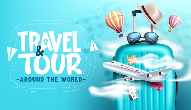 Travel worldwide vector background design. travel and tour typography text with 3d luggage bag.