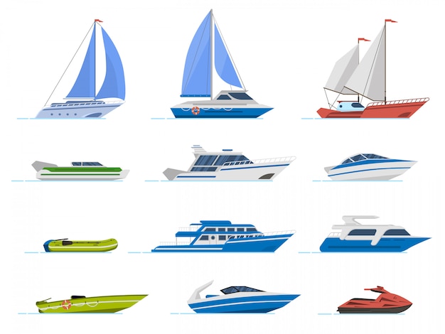 Vector travel yacht and powerboat. cruise boats, luxury yacht steamer and speed boat, transportation for ocean water   illustration set. yacht marine, speedboat and rubber motorboat