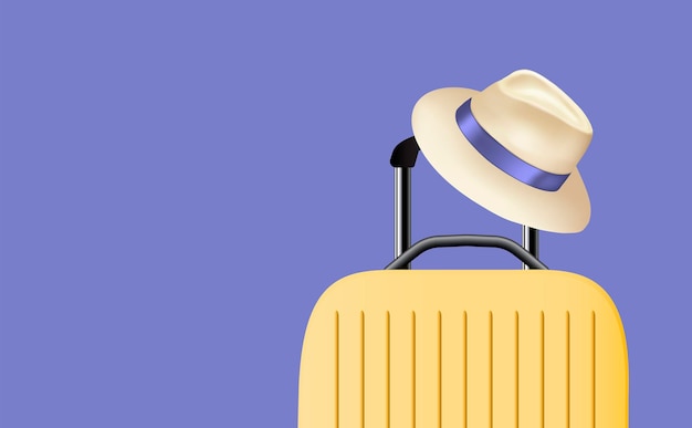 Travel yellow suitcase with hat on Very Peri, color 2022, background. Copy space. Summer vacation. Ready to go, travel concept. Vector illustration