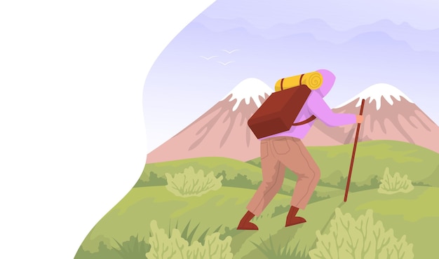 Il viaggiatore si arrampica sulle montagne concetto per l'escursionismo all'aperto illustrazione vettoriale piatta dei cartoni animati a colori