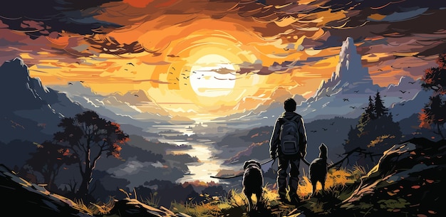 Путешественник и собака стоят и смотрят на красочный свет в долине цифровой стиль искусства иллюстрация живописи