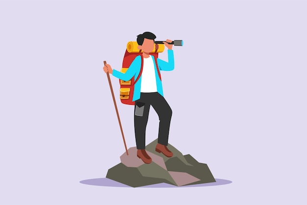 Traveler or explorer on mountain or valley concept Colored flat vector illustration isolated