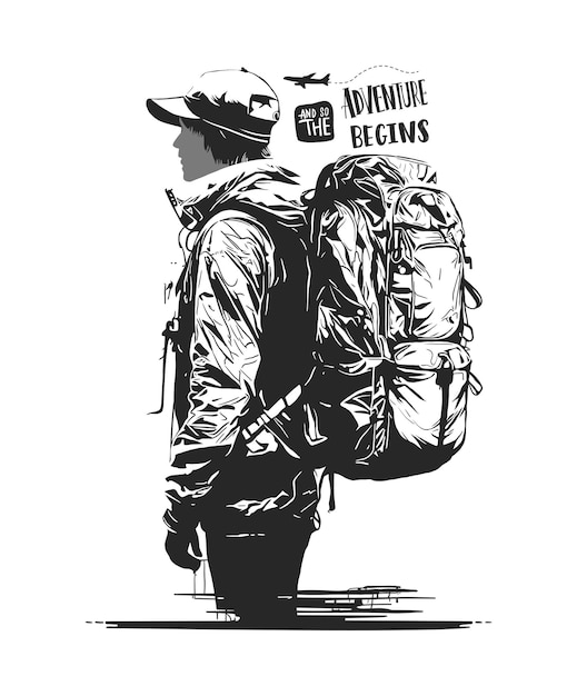 Traveler or explorer with backpack Vector line art illustration of adventure tourism and travel