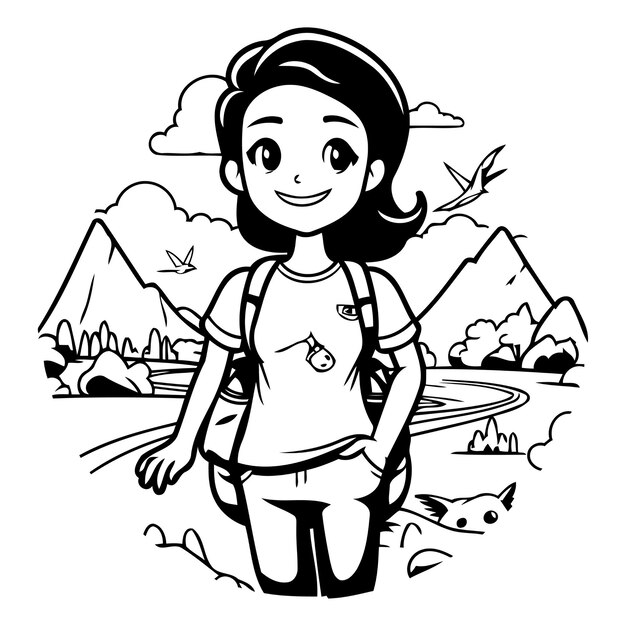 Traveler girl cartoon icon vector illustration graphic design in the nature park