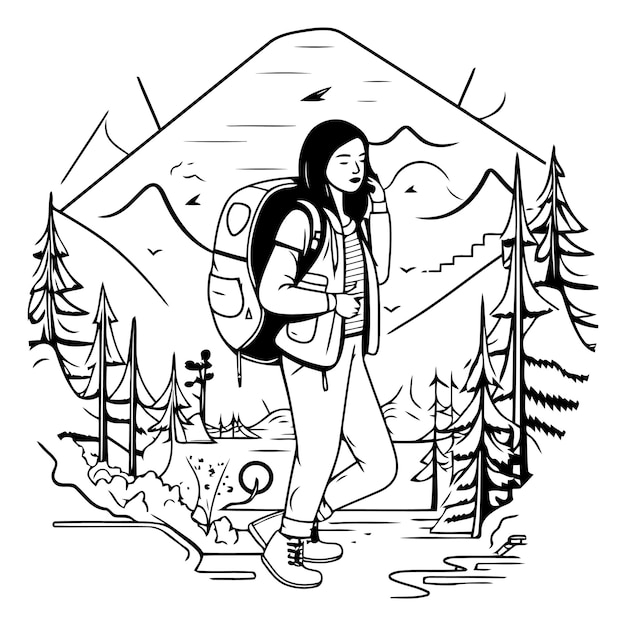 Traveler girl with a backpack in the mountains