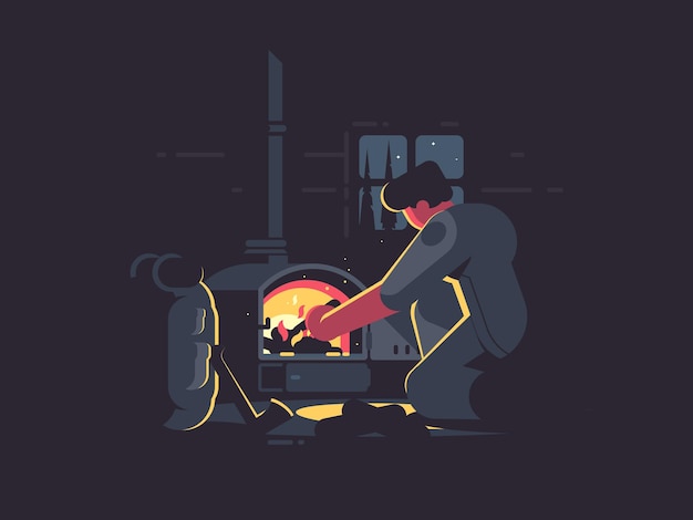 Traveler man warm by furnace