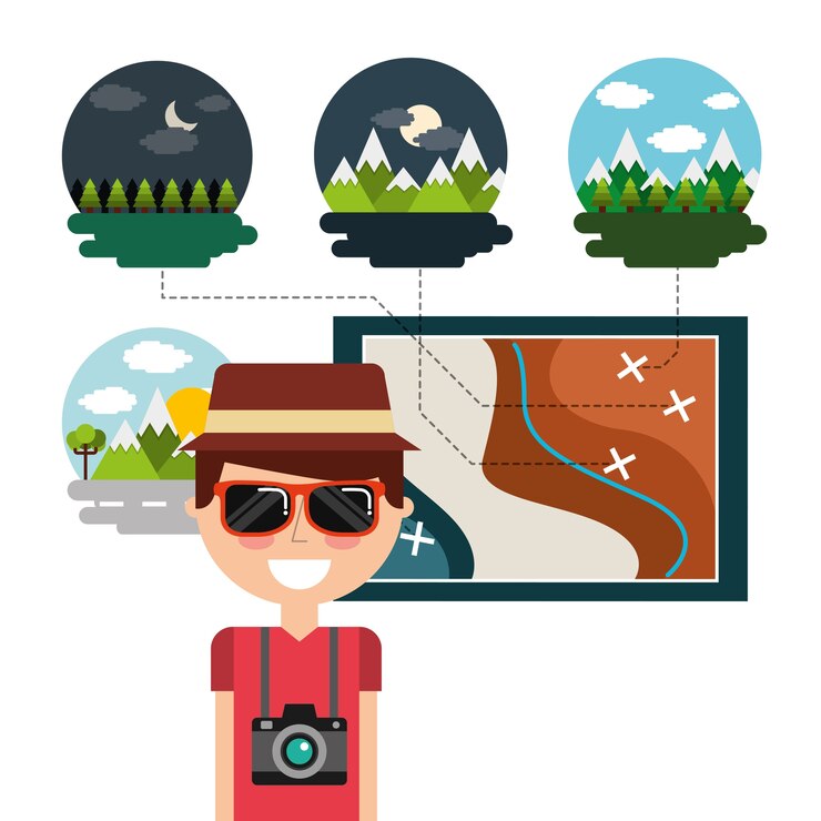 Vector traveler man with map destination vacations landscape