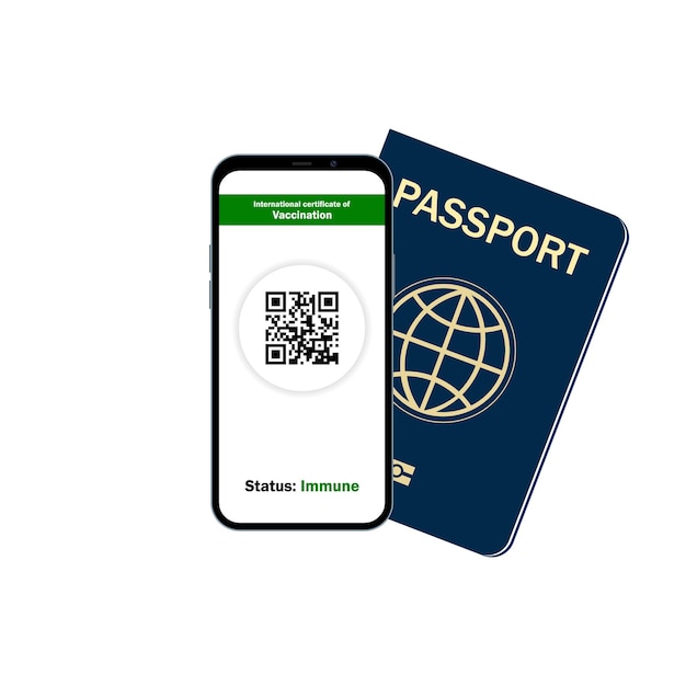 Traveler shows health passport of vaccination certification on phone at airportcovid19 status Immune Vector illustration