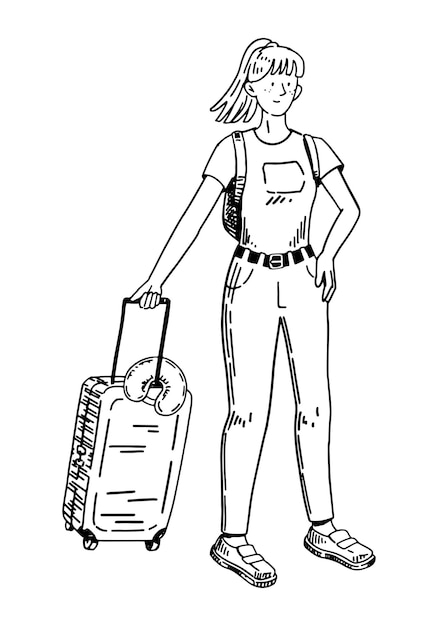 Вектор Скетч путешественника, туристический клипарт, рисунок женщины с чемоданом, векторная иллюстрация, нарисованная вручную