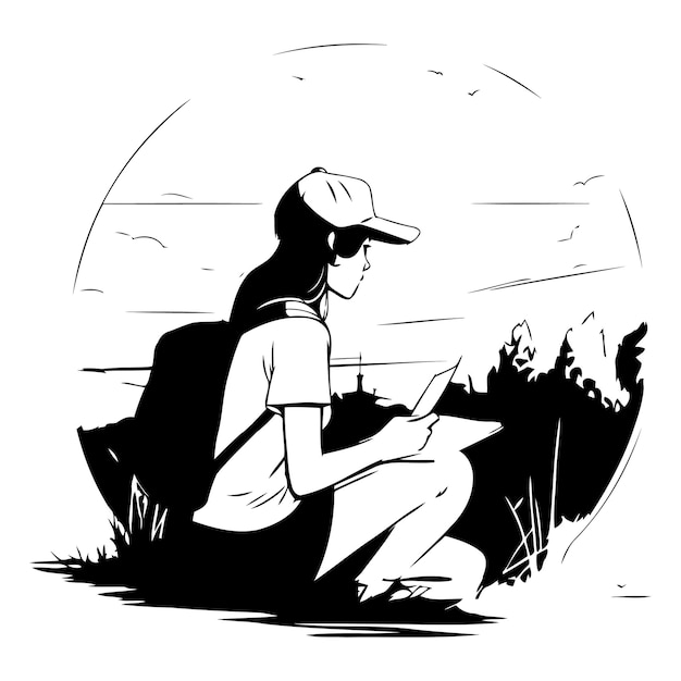 Vector traveler with backpack sitting on the grass and looking at map