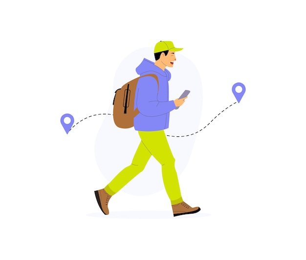 Путешественник с рюкзаком с помощью GPS-навигации