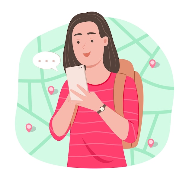 Traveler Woman Search a Travel Information on Mobile Phone with Location Mark Symbol Background