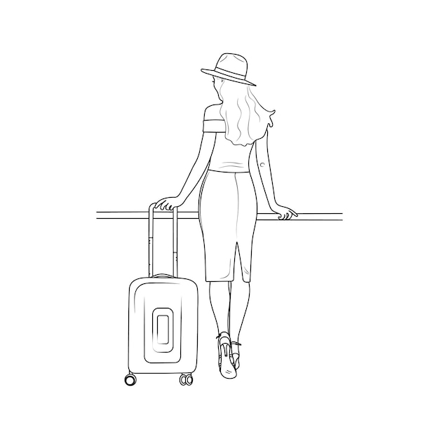 Viaggiatore donna con bagagli giovane donna con una valigia concetto di viaggio arte vettoriale disegnata a mano