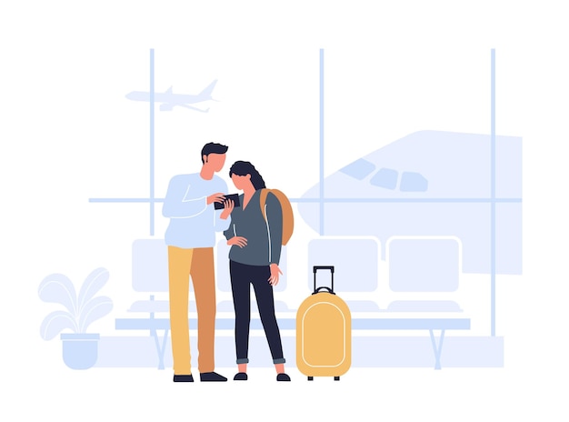 ベクトル 空港の旅行者 ビジネス観光客 空港のターミナルで待っている人々 荷物のキャラクターが歩いて搭乗に急ぐ ビジネス飛行機の手荷物と荷物の飛行機輸送のベクトル