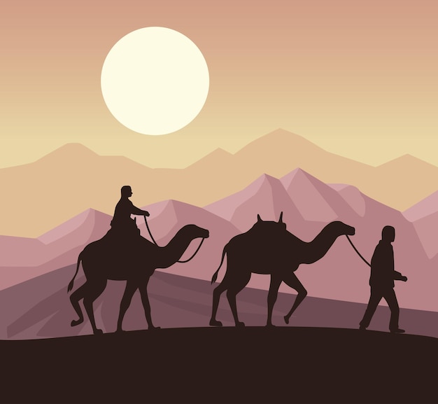 Travelers and camels silhouettes