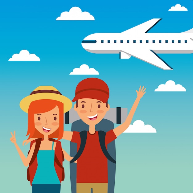 travelers happy young couple and airplane flying